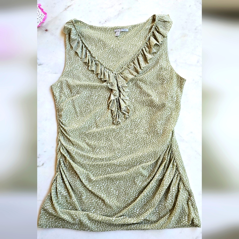 Halogen Celery Green Polka Dot ruched & Ruffled Top Size Small